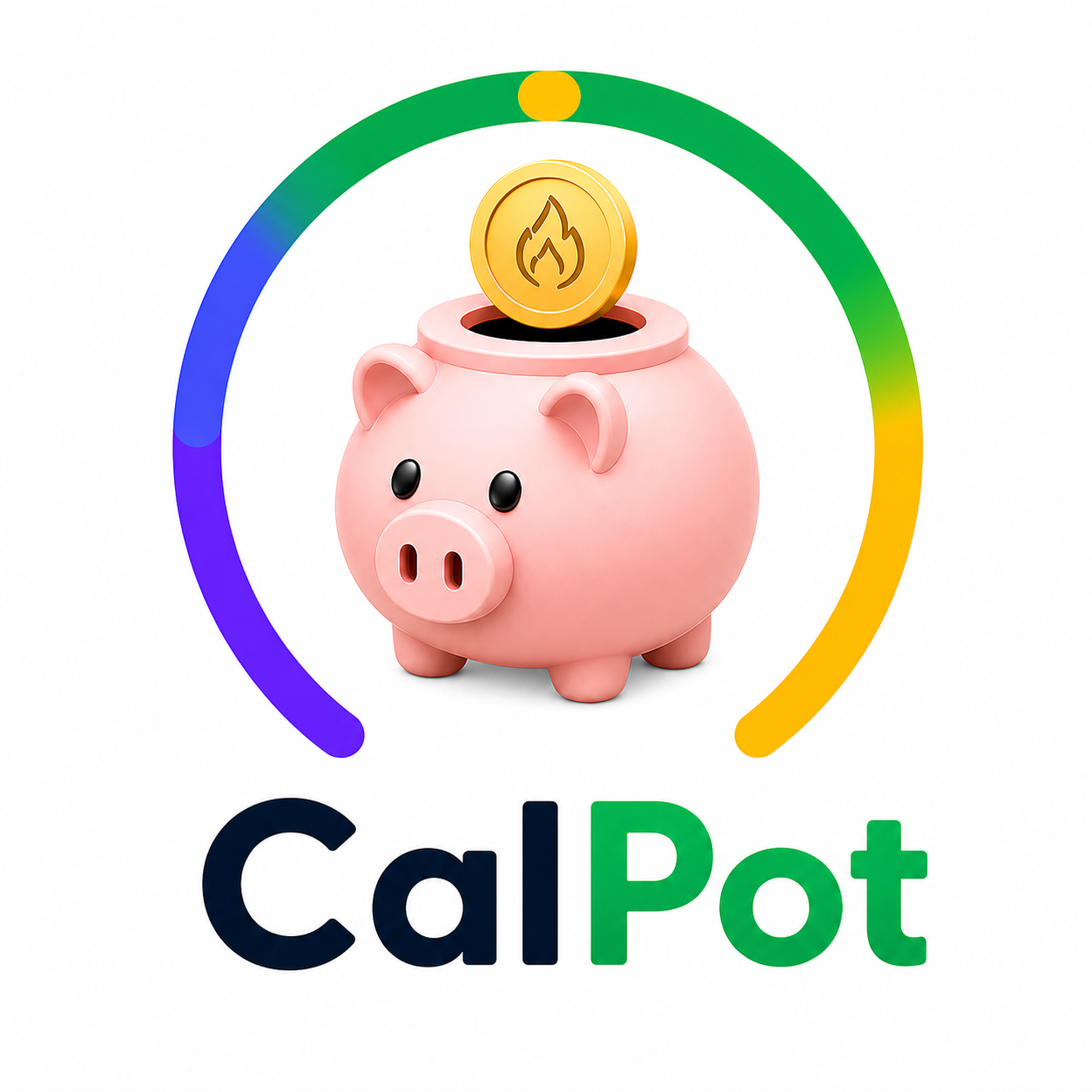 CalPot app icon: pink piggy-bank pot with a calorie coin